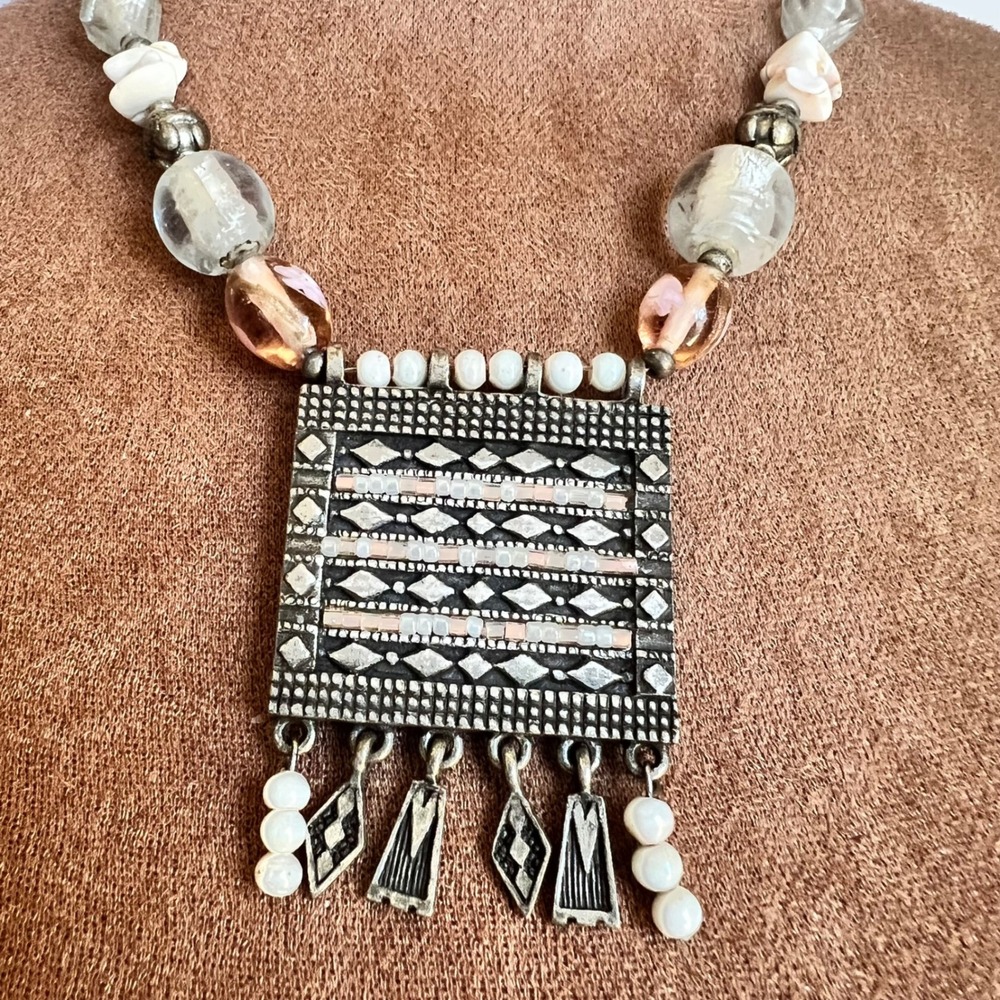 Chicos Vintage 90s Mixed Bead Silver Tone Tribal Statement‎ Necklace 15+4" Boho
